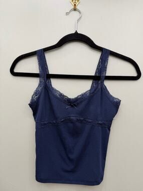 Tilly's Lace Trim Cropped Cami Navy Cotton Blend XXS Y2K Coquette